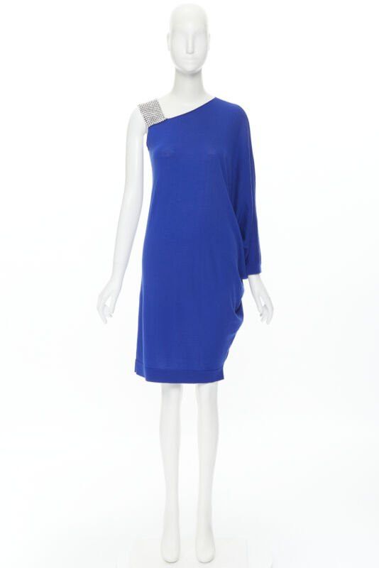 Balmain BALMAIN blue wool crystal rhinestone embellished strap asymmetric dress FR36 S Size XS / US 0-2 / IT 36-38 - 11 Thumbnail