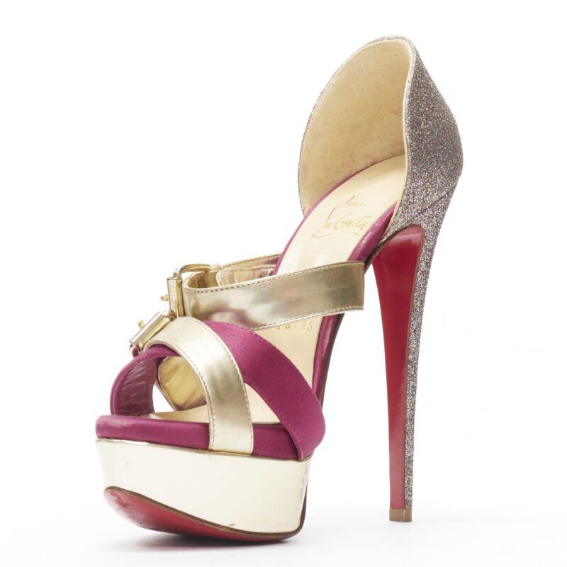 Christian Louboutin CHRISTIAN LOUBOUTIN Ambertina 140 gold pink glitter buckle strappy platform EU36 Size US 6 / IT 36 - 4 Thumbnail