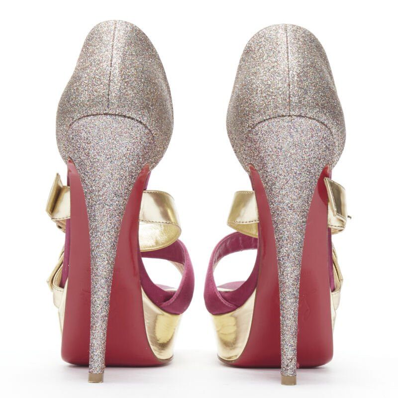 Christian Louboutin CHRISTIAN LOUBOUTIN Ambertina 140 gold pink glitter buckle strappy platform EU36 Size US 6 / IT 36 - 5 Thumbnail