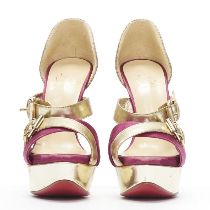 Christian Louboutin CHRISTIAN LOUBOUTIN Ambertina 140 gold pink glitter buckle strappy platform EU36 Size US 6 / IT 36 - 3 Thumbnail