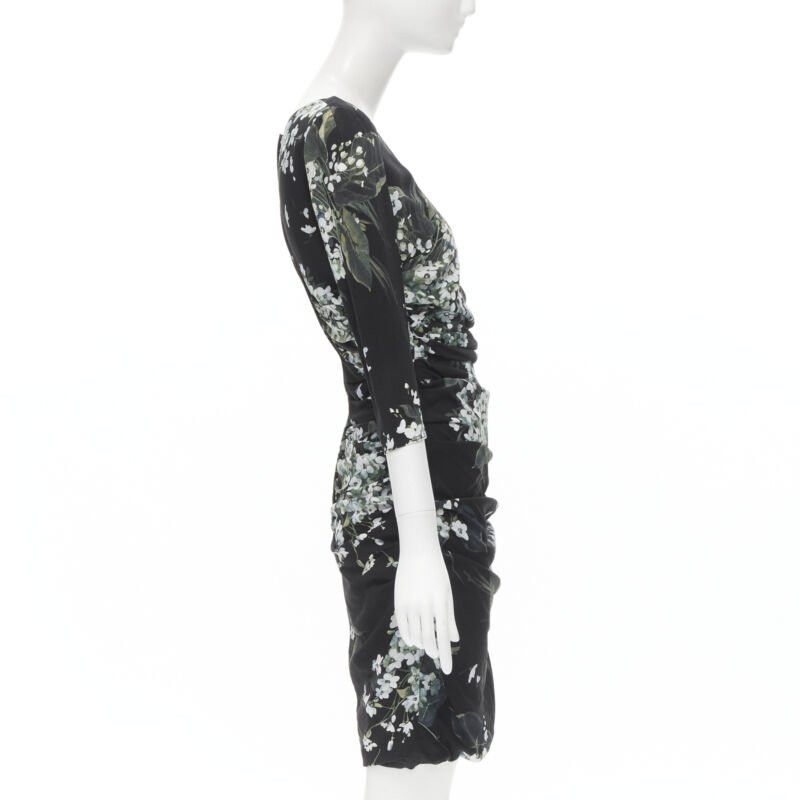 Dolce & Gabbana DOLCE GABBANA silk black white green floral print ruched bodycon dress IT40 XS Size S / US 4 / IT 40 - 5 Thumbnail