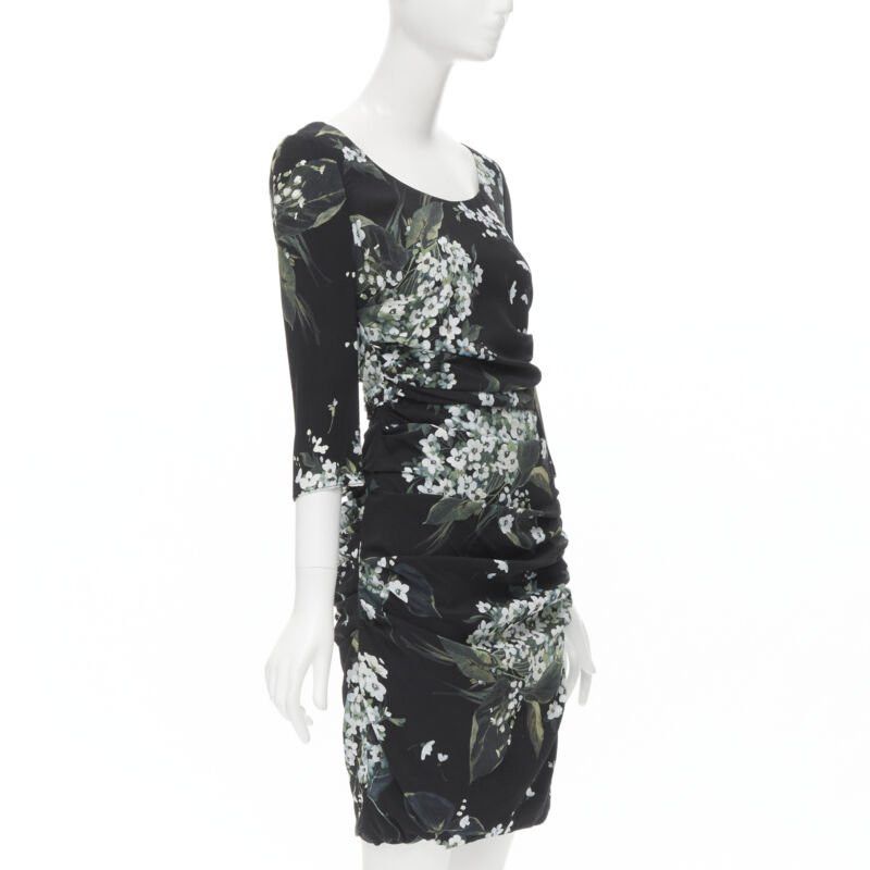 Dolce & Gabbana DOLCE GABBANA silk black white green floral print ruched bodycon dress IT40 XS Size S / US 4 / IT 40 - 4 Thumbnail