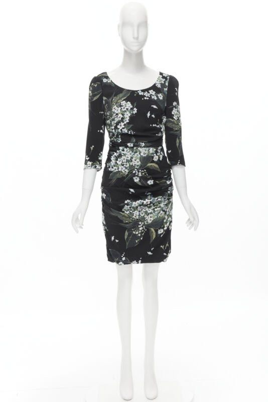 Dolce & Gabbana DOLCE GABBANA silk black white green floral print ruched bodycon dress IT40 XS Size S / US 4 / IT 40 - 3 Thumbnail