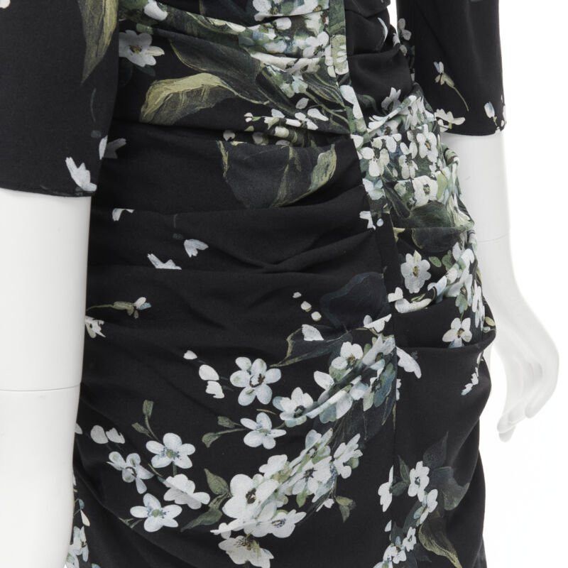 Dolce & Gabbana DOLCE GABBANA silk black white green floral print ruched bodycon dress IT40 XS Size S / US 4 / IT 40 - 2 Thumbnail