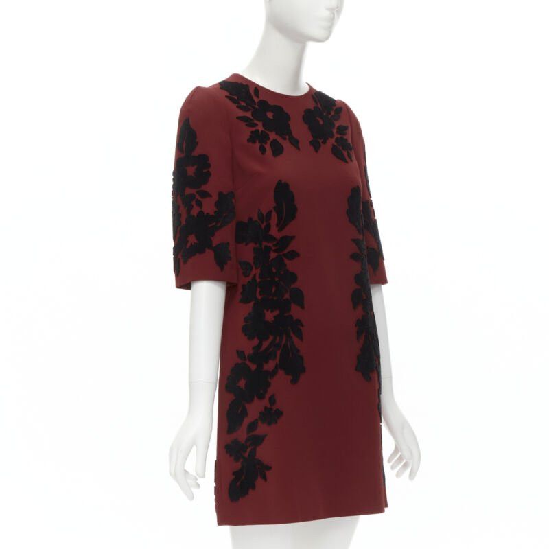 Dolce & Gabbana DOLCE GABBANA red crepe black floral velvet devore sheath dress IT36 XS Size XS / US 0-2 / IT 36-38 - 3 Thumbnail