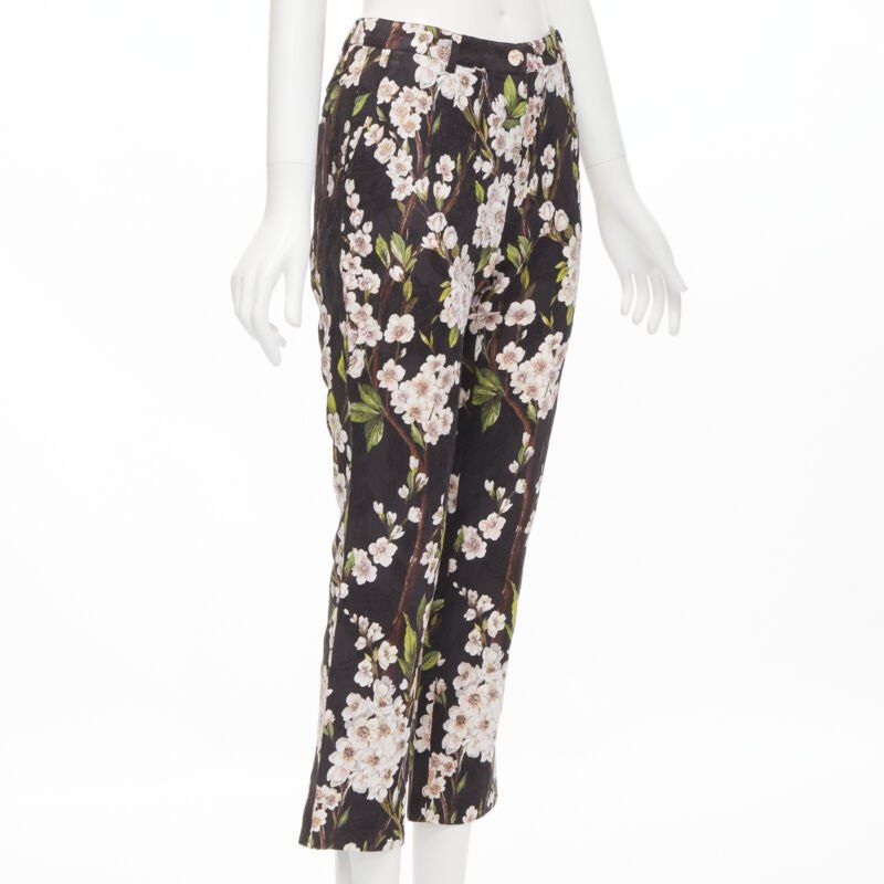 Dolce & Gabbana DOLCE GABBANA black pink floral blossom print jacquard cropped pants IT36 XXS Size 25" / US 0 / IT 36 - 3 Thumbnail