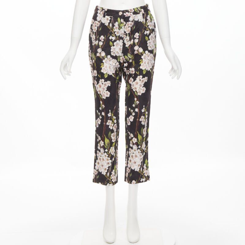 Dolce & Gabbana DOLCE GABBANA black pink floral blossom print jacquard cropped pants IT36 XXS Size 25" / US 0 / IT 36 - 9 Thumbnail