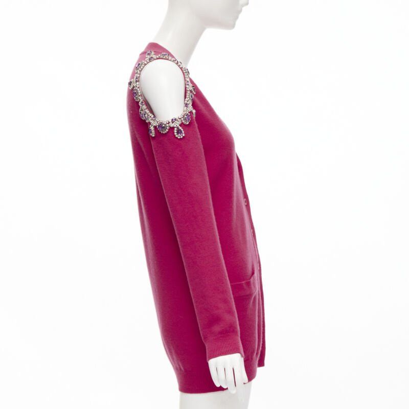 Moschino new MOSCHINO fuschia pink cashmere crystal jewel cold shoulder cardigan IT36 XS Size XS / US 0-2 / IT 36-38 - 4 Thumbnail