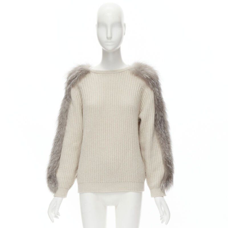 Brunello Cucinelli BRUNELLO CUCINELLI beige 100% cashmere grey fox fur sleeve waffle knit sweater M Size M / US 6-8 / IT 42-44 - 9 Thumbnail