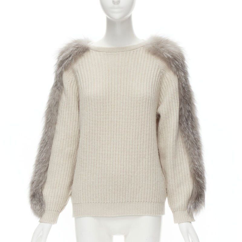 Brunello Cucinelli BRUNELLO CUCINELLI beige 100% cashmere grey fox fur sleeve waffle knit sweater M Size M / US 6-8 / IT 42-44 - 3 Thumbnail