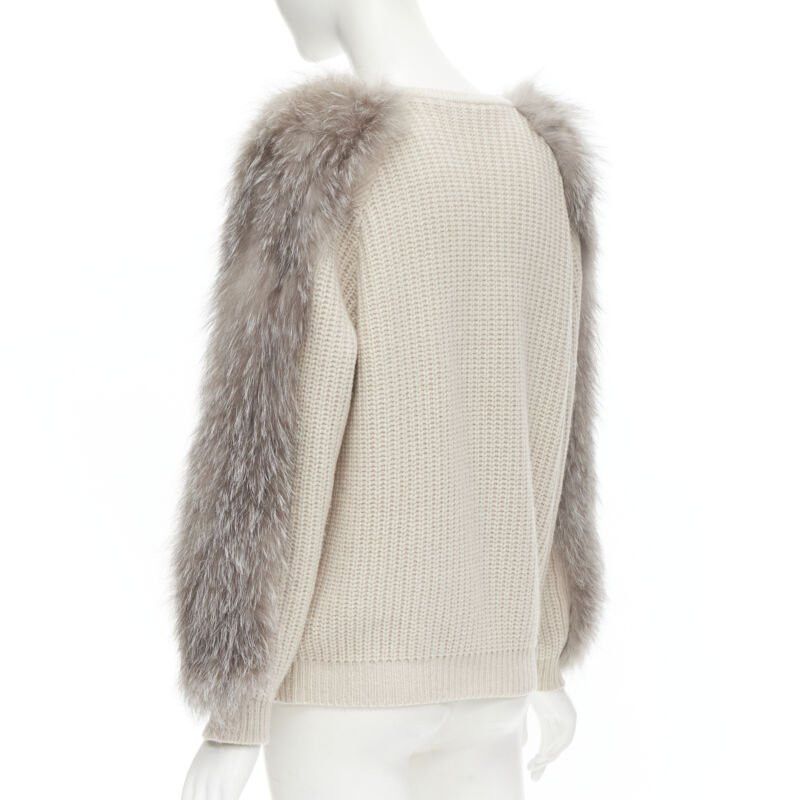 Brunello Cucinelli BRUNELLO CUCINELLI beige 100% cashmere grey fox fur sleeve waffle knit sweater M Size M / US 6-8 / IT 42-44 - 6 Thumbnail