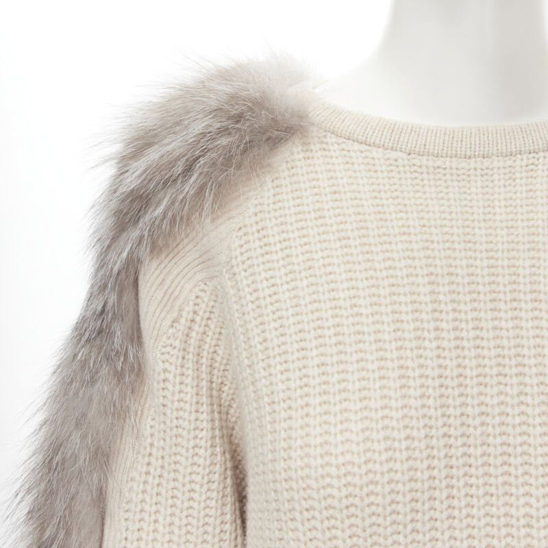 Brunello Cucinelli BRUNELLO CUCINELLI beige 100% cashmere grey fox fur sleeve waffle knit sweater M Size M / US 6-8 / IT 42-44 - 7 Thumbnail
