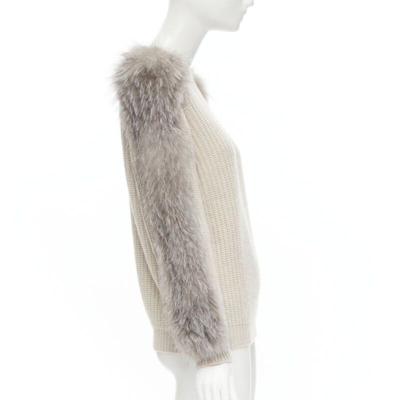 Brunello Cucinelli BRUNELLO CUCINELLI beige 100% cashmere grey fox fur sleeve waffle knit sweater M Size M / US 6-8 / IT 42-44 - 4 Thumbnail