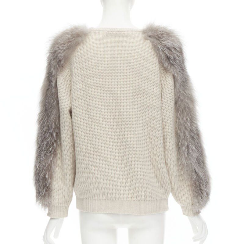 Brunello Cucinelli BRUNELLO CUCINELLI beige 100% cashmere grey fox fur sleeve waffle knit sweater M Size M / US 6-8 / IT 42-44 - 5 Thumbnail