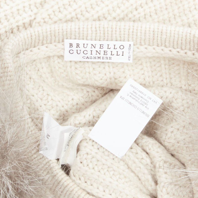 Brunello Cucinelli BRUNELLO CUCINELLI beige 100% cashmere grey fox fur sleeve waffle knit sweater M Size M / US 6-8 / IT 42-44 - 8 Thumbnail