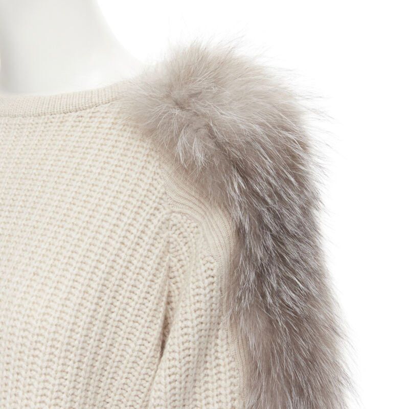 Brunello Cucinelli BRUNELLO CUCINELLI beige 100% cashmere grey fox fur sleeve waffle knit sweater M Size M / US 6-8 / IT 42-44 - 2 Thumbnail