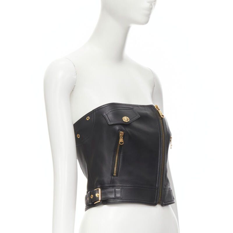 Versace new VERSACE Runway black leather gold-tone Medusa biker bustier top IT38 XS Size XS / US 0-2 / IT 36-38 - 2 Thumbnail