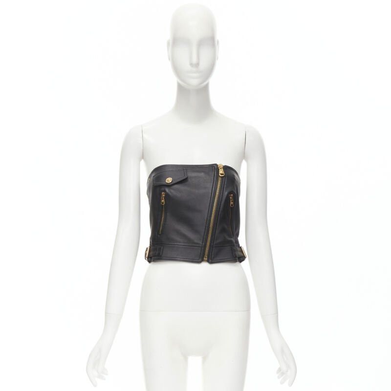 Versace new VERSACE Runway black leather gold-tone Medusa biker bustier top IT38 XS Size XS / US 0-2 / IT 36-38 - 12 Thumbnail