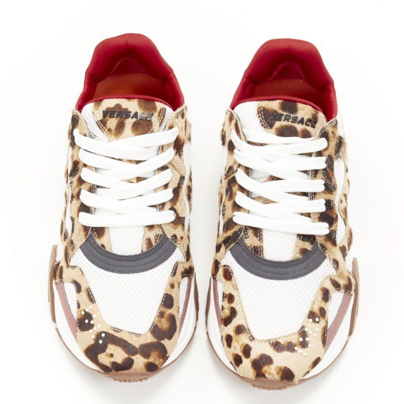 Versace new VERSACE Squalo brown leopard calfskin white mesh chunky sneakers EU41 US8 Size US 8 / EU 41 - 3 Thumbnail