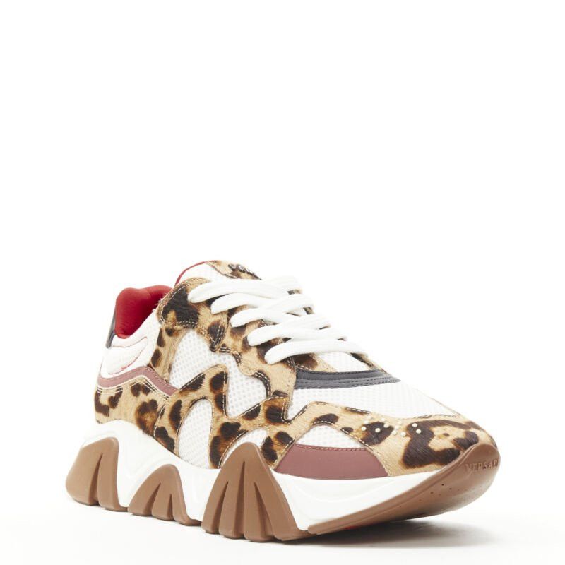 Versace new VERSACE Squalo brown leopard calfskin white mesh chunky sneakers EU41 US8 Size US 8 / EU 41 - 2 Thumbnail