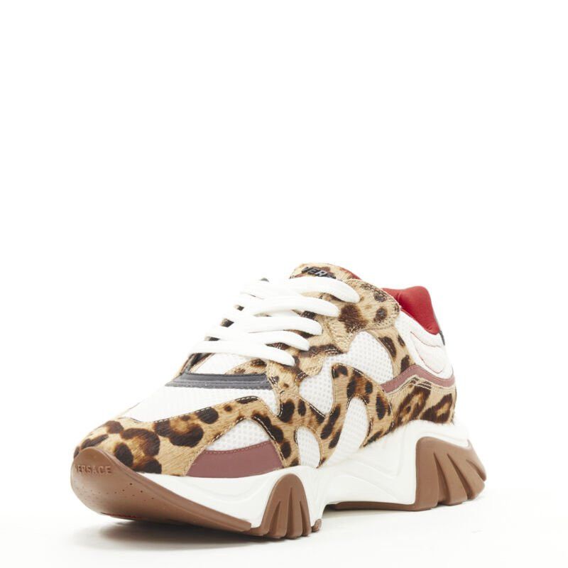 Versace new VERSACE Squalo brown leopard calfskin white mesh chunky sneakers EU41 US8 Size US 8 / EU 41 - 4 Thumbnail
