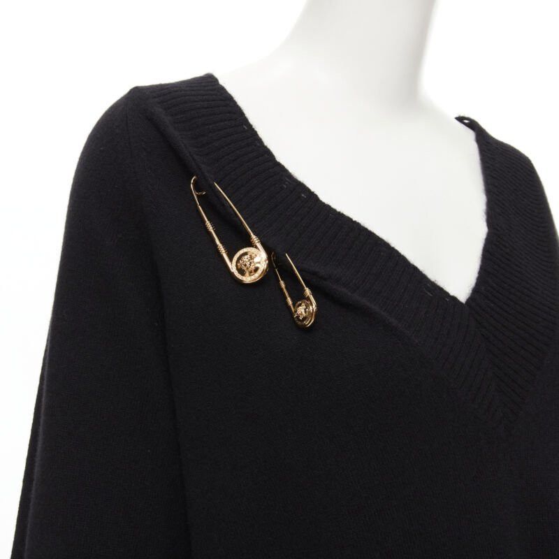 Versace new VERSACE 95% cashmere wool punk gold Medusa safety pin distressed dress IT44 Size M / US 6-8 / IT 42-44 - 2 Thumbnail