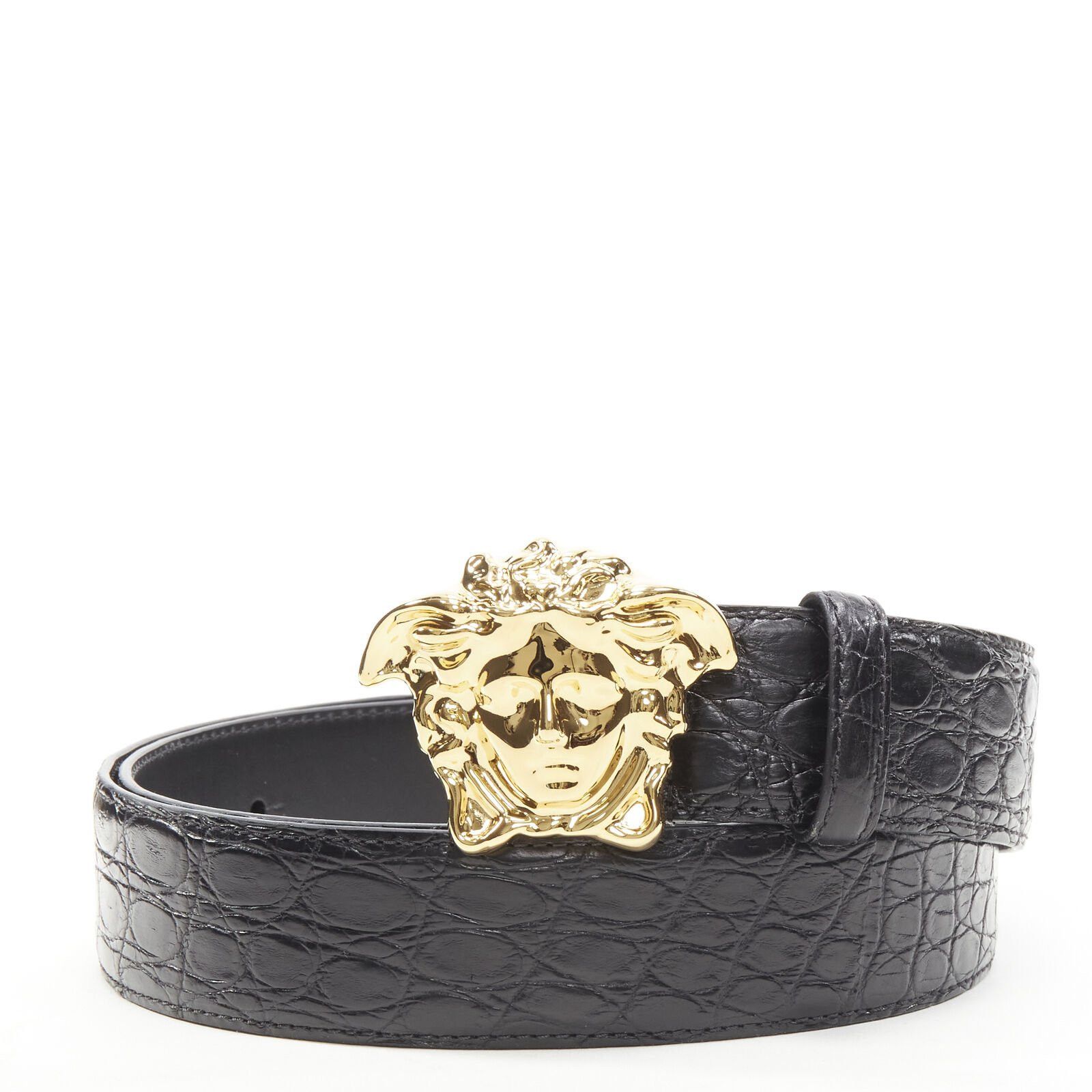 Versace VERSACE $1200 La Medusa gold buckle black scaled leather belt 115cm 44-48" Size 44 - 2 Thumbnail