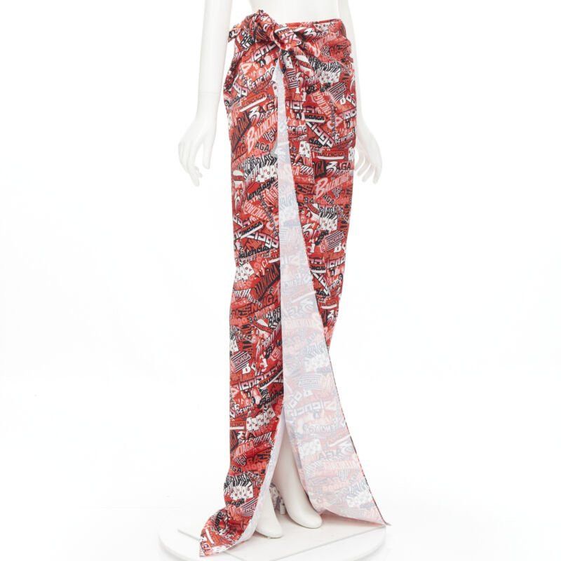 Balenciaga new BALENCIAGA Demna 2019 Runway red logo print wrap tie maxi skirt FR36 S Size 26" / US 2 / IT 38 - 3 Thumbnail
