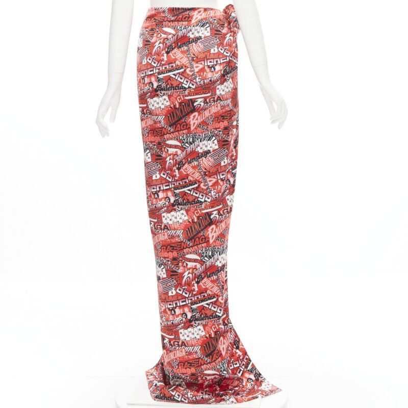 Balenciaga new BALENCIAGA Demna 2019 Runway red logo print wrap tie maxi skirt FR36 S Size 26" / US 2 / IT 38 - 5 Thumbnail
