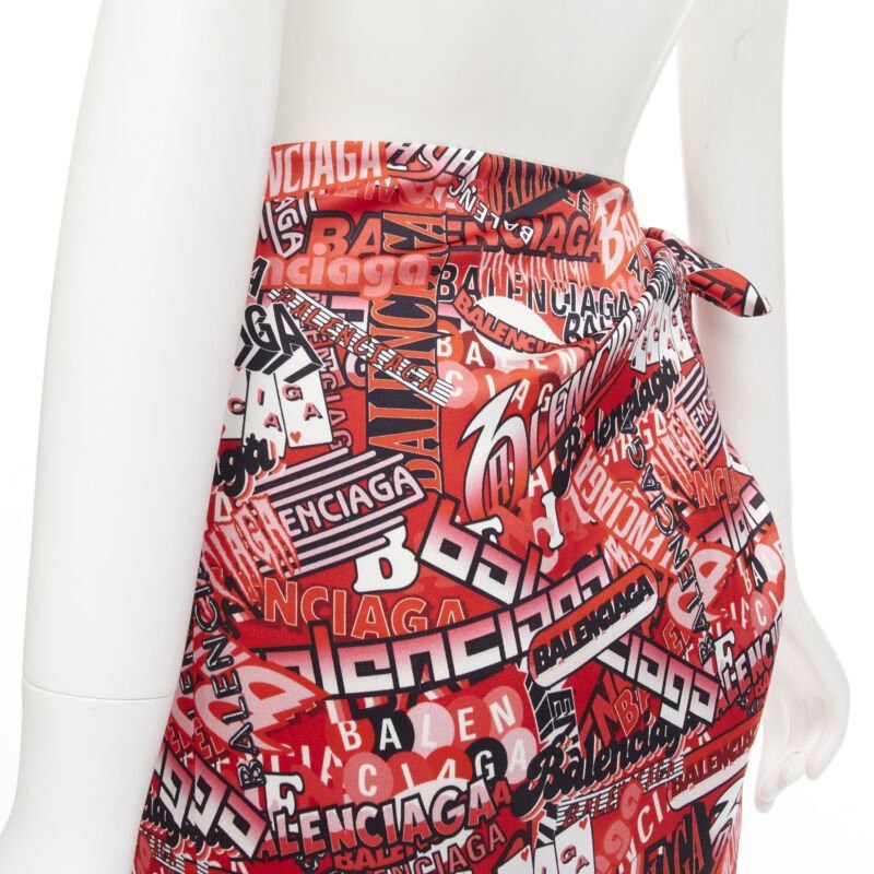Balenciaga new BALENCIAGA Demna 2019 Runway red logo print wrap tie maxi skirt FR36 S Size 26" / US 2 / IT 38 - 7 Thumbnail