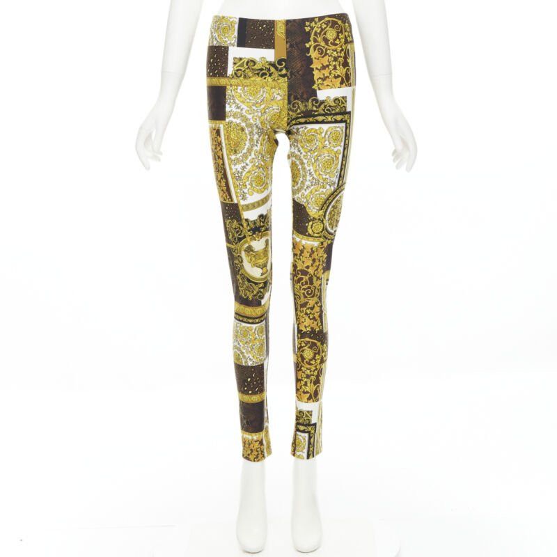 Versace new VERSACE 2021 Mosaic Barocco brown gold print stretchy legging pant IT44 L Size 30" / US 8 / IT 44 - 8 Thumbnail