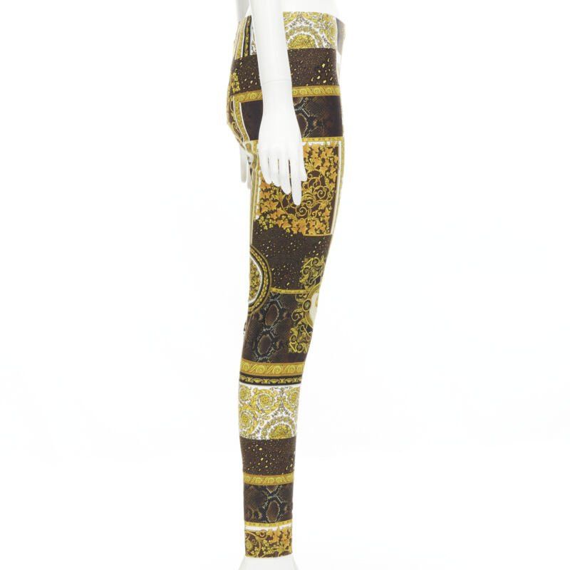 Versace new VERSACE 2021 Mosaic Barocco brown gold print stretchy legging pant IT44 L Size 30" / US 8 / IT 44 - 4 Thumbnail
