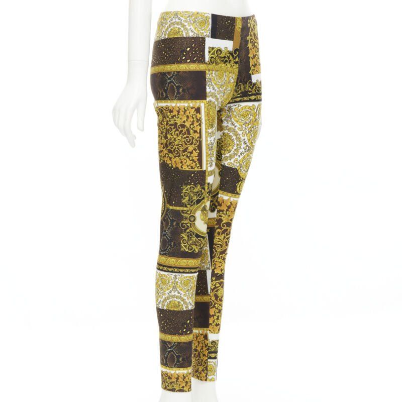 Versace new VERSACE 2021 Mosaic Barocco brown gold print stretchy legging pant IT44 L Size 30" / US 8 / IT 44 - 3 Thumbnail