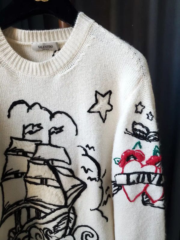 Valentino Valentino Embroidered Cream Cashmere Sweater 0089 Size L / US 10 / IT 46 - 8 Thumbnail