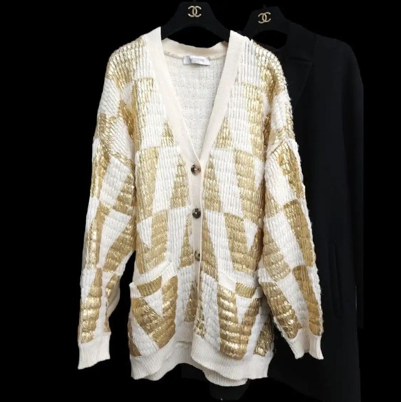 Valentino Valentino White Wool Letter Pattern Long Cardigan 0089 Size ONE SIZE - 2 Thumbnail