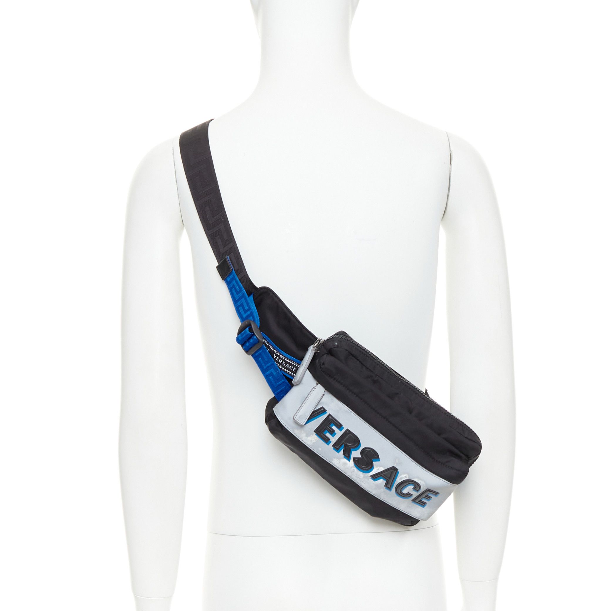 Versace VERSACE reflective logo black nylon Greca strap crossbody belt waist bag Size ONE SIZE - 2 Thumbnail