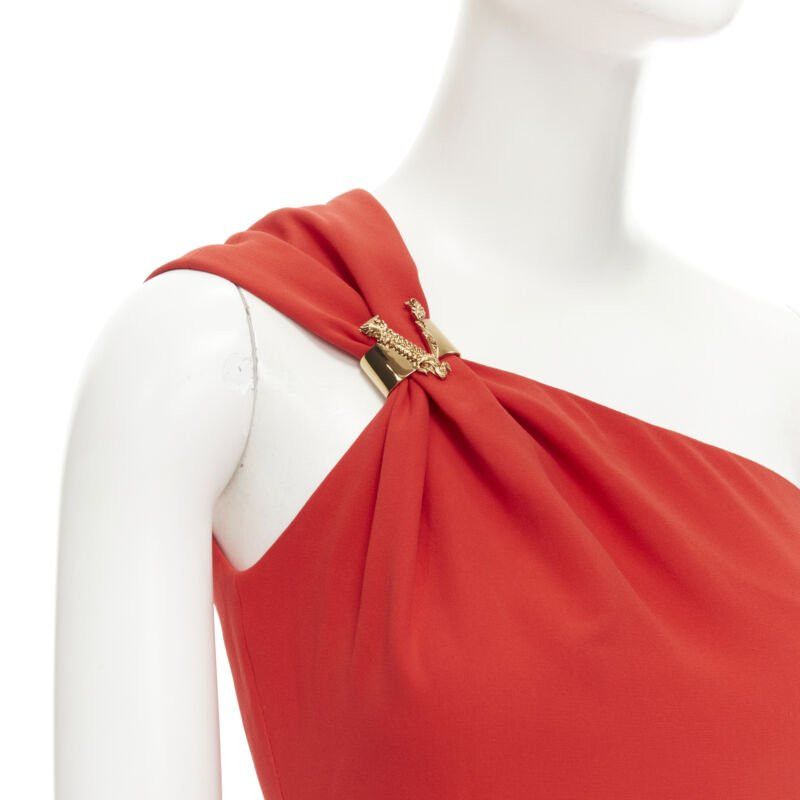 Versace new VERSACE 100% silk red gold Virtus V clasp one shoulder gown dress IT38 XS Size XS / US 0-2 / IT 36-38 - 2 Thumbnail