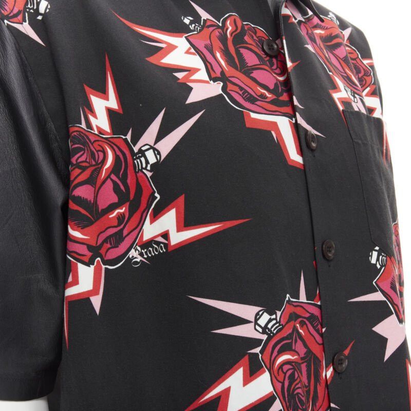 Prada PRADA 2019 Runway black red Rose Bolt cotton leather boxy bowling shirt EU48 M Size US M / EU 48-50 / 2 - 2 Thumbnail
