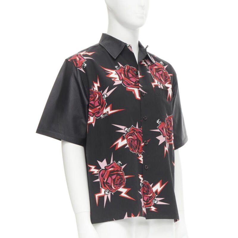 Prada PRADA 2019 Runway black red Rose Bolt cotton leather boxy bowling shirt EU48 M Size US M / EU 48-50 / 2 - 3 Thumbnail