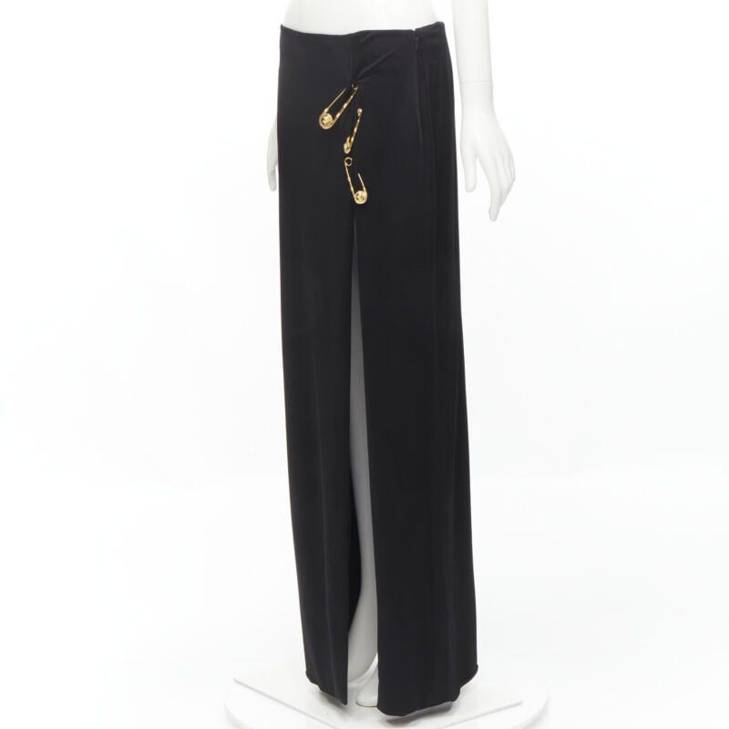 Versace new VERSACE gold Medusa safety pin black viscose high slit skirt IT44 L Size 30" / US 8 / IT 44 - 3 Thumbnail