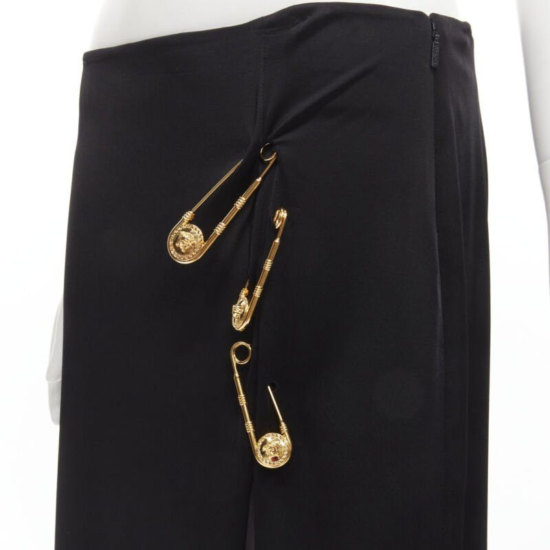 Versace new VERSACE gold Medusa safety pin black viscose high slit skirt IT44 L Size 30" / US 8 / IT 44 - 2 Thumbnail