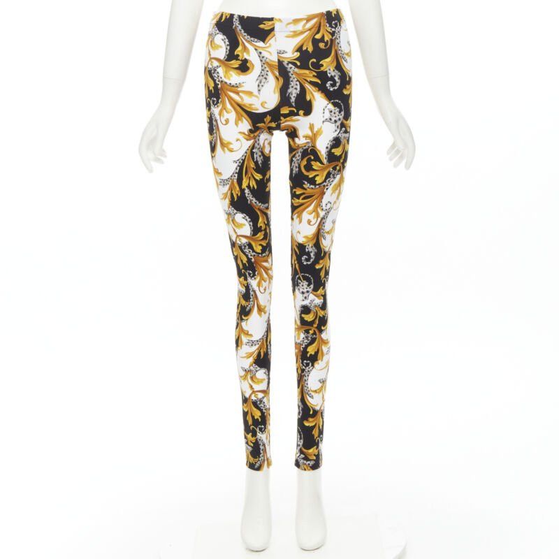 new VERSACE Barocco Acanthus black gold Signature floral legging pants IT38 XS