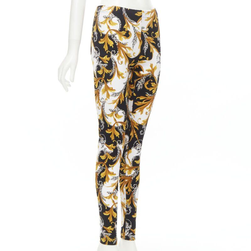 new VERSACE Barocco Acanthus black gold Signature floral legging pants IT38 XS