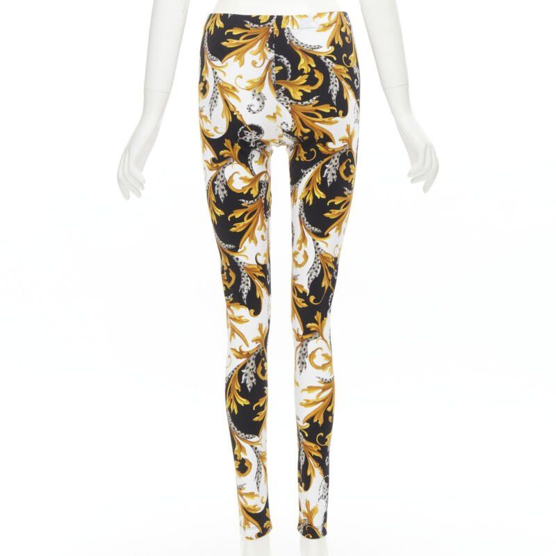 new VERSACE Barocco Acanthus black gold Signature floral legging pants IT38 XS