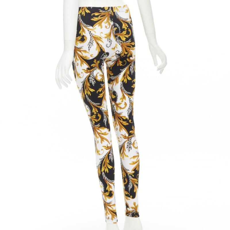 new VERSACE Barocco Acanthus black gold Signature floral legging pants IT38 XS