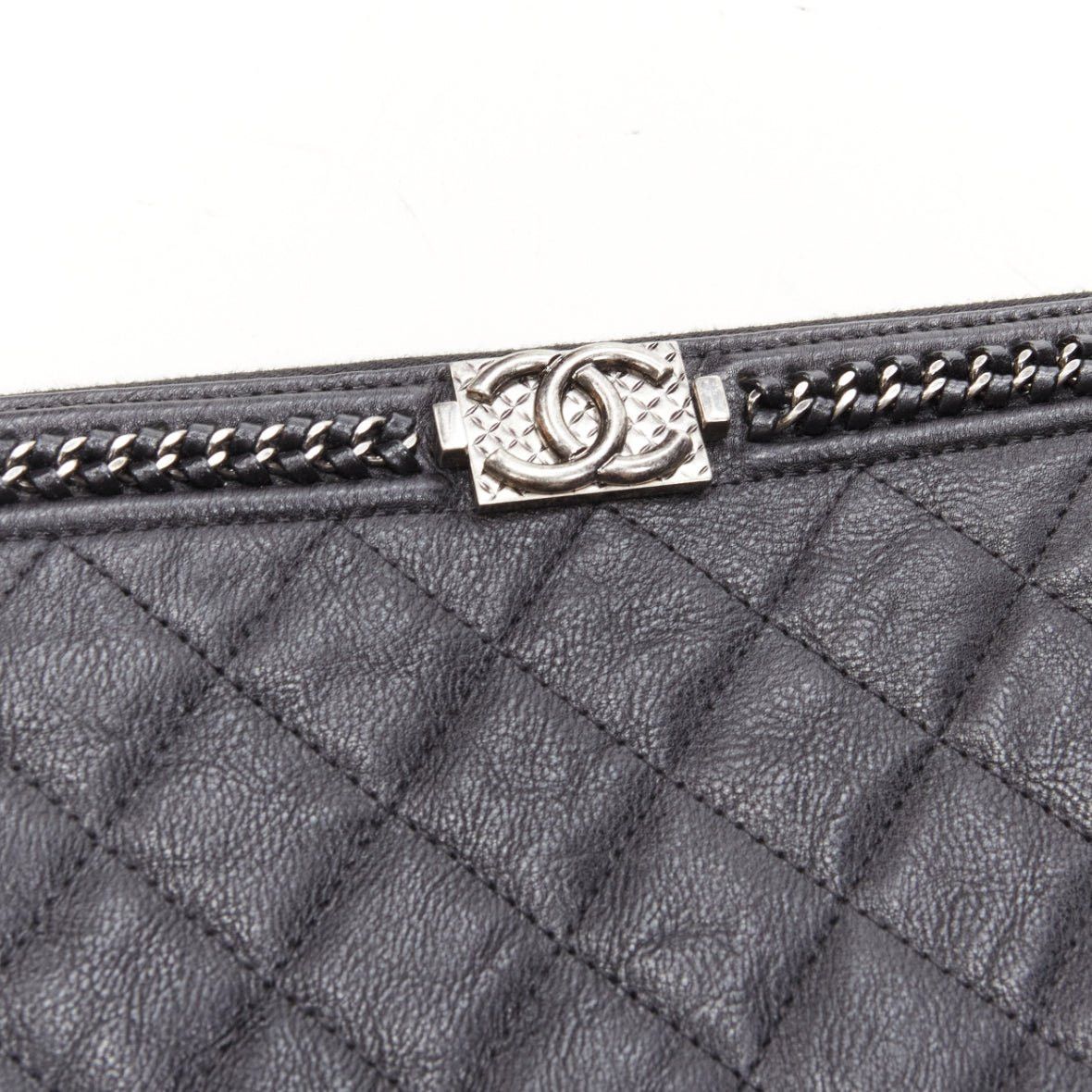 Chanel CHANEL Large Boy O Case black quilted leather chain trim flat pouch clutch bag Size ONE SIZE - 5 Thumbnail