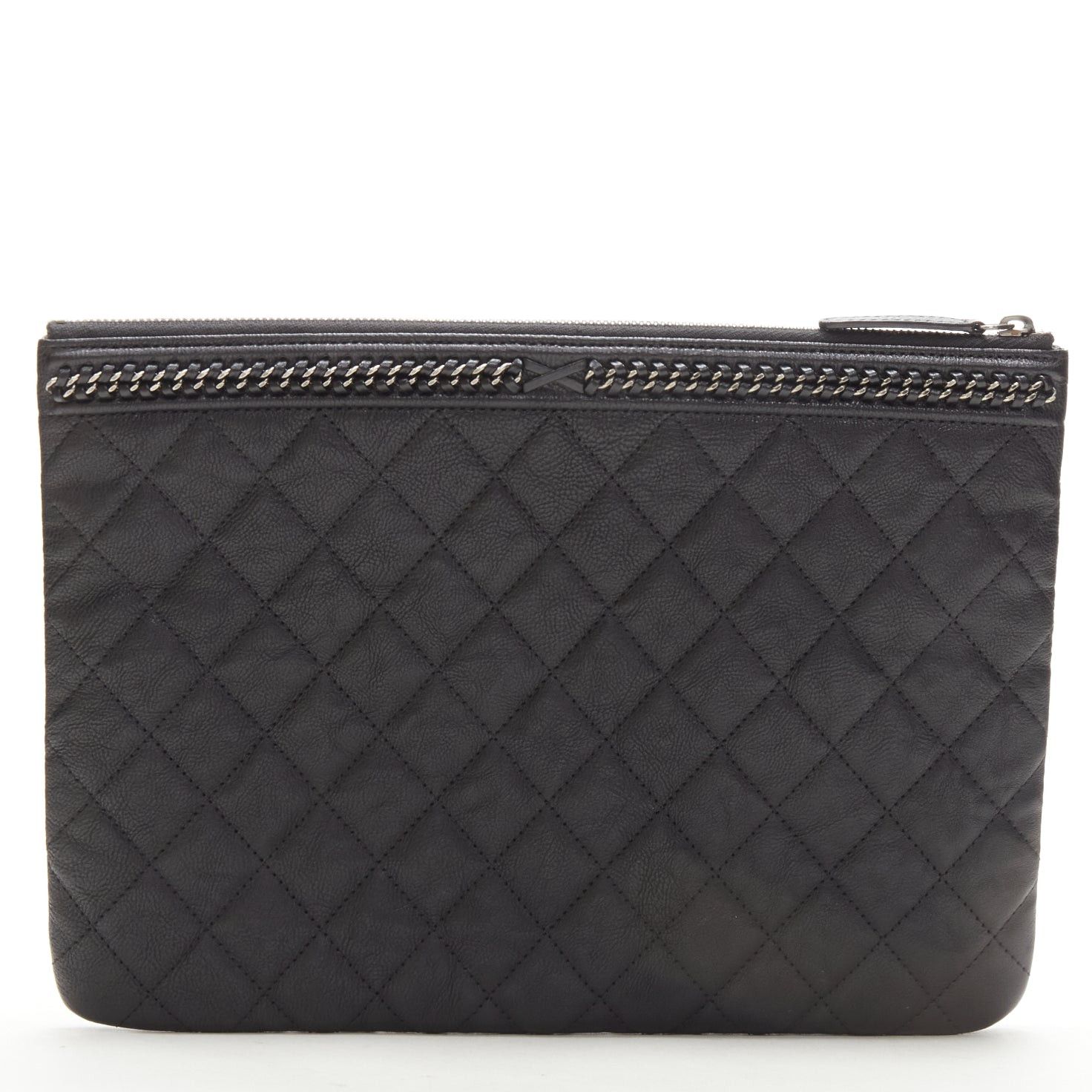 Chanel CHANEL Large Boy O Case black quilted leather chain trim flat pouch clutch bag Size ONE SIZE - 3 Thumbnail