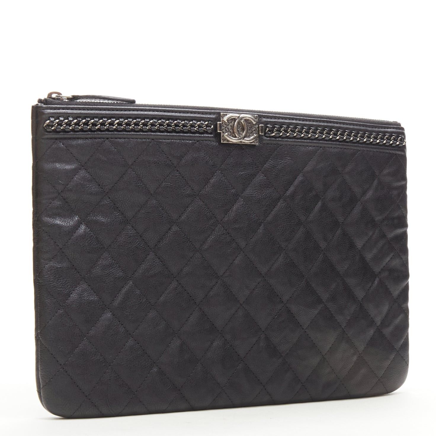 Chanel CHANEL Large Boy O Case black quilted leather chain trim flat pouch clutch bag Size ONE SIZE - 2 Thumbnail