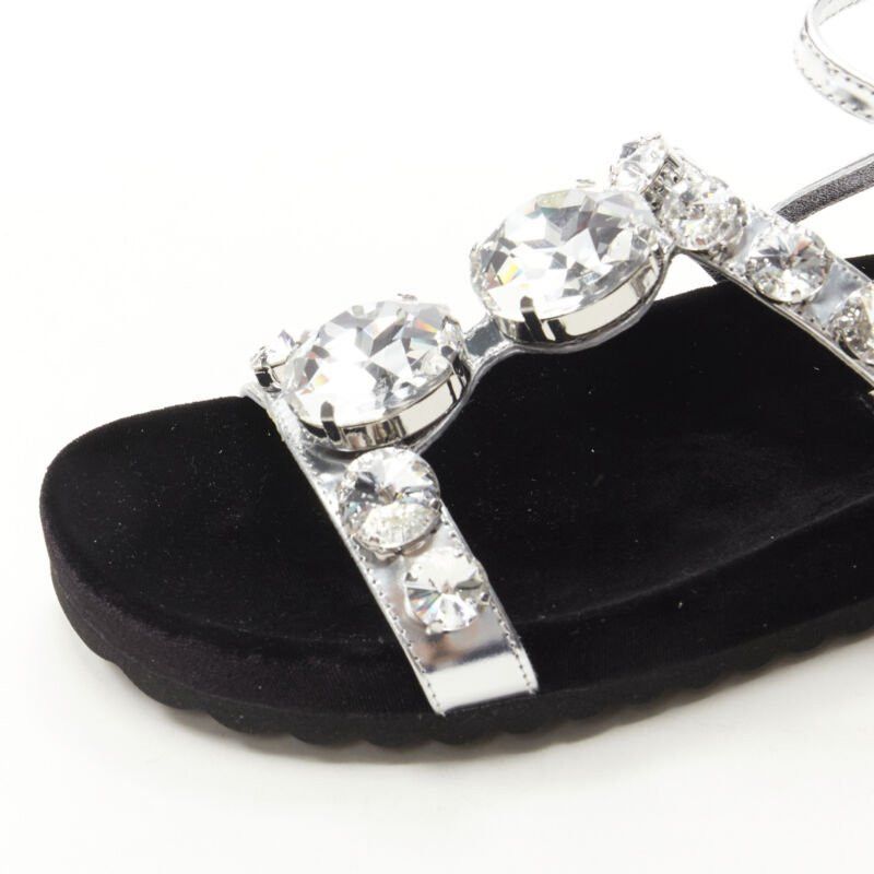 Miu Miu MIU MIU large rhinestone crystal metallic silver velvet flat sandals EU36 Size US 6 / IT 36 - 7 Thumbnail