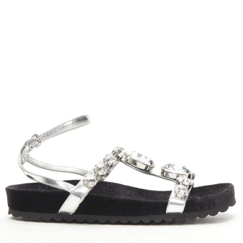 Miu Miu MIU MIU large rhinestone crystal metallic silver velvet flat sandals EU36 Size US 6 / IT 36 - 2 Thumbnail